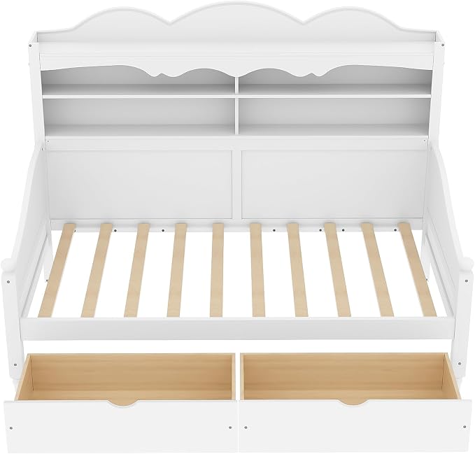 Merax Twin Daybed with Storage Drawers, Wood Twin Day Bed with 3-Tier Storage Headboard Shelves, Retro Style Twin-Size Daybed for Bedroom Guest Room, No Box Spring Needed, Easy Assembly, White