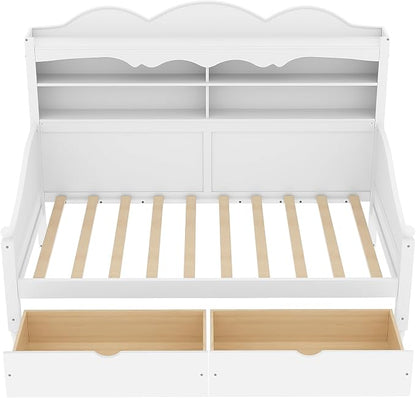 Merax Twin Daybed with Storage Drawers, Wood Twin Day Bed with 3-Tier Storage Headboard Shelves, Retro Style Twin-Size Daybed for Bedroom Guest Room, No Box Spring Needed, Easy Assembly, White