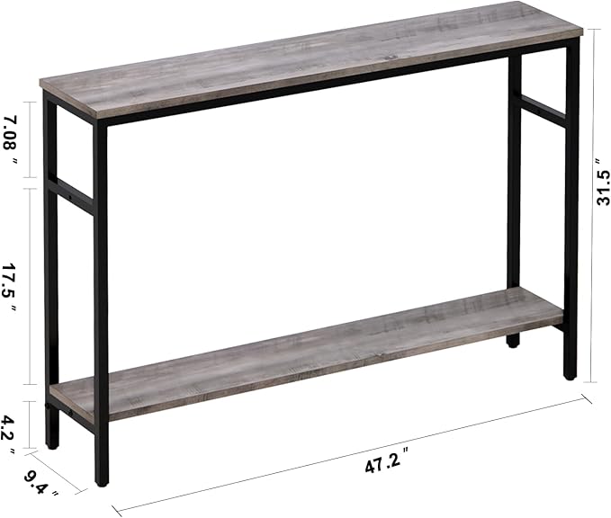 Timberer Narrow Console Table, 47 Inch Sofa Table with Adjustable Shelf, 2-Tier Long Skinny Table for Hallway, Entryway, Living Room, Foyer, Grey