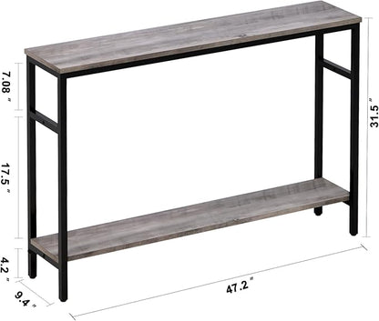 Timberer Narrow Console Table, 47 Inch Sofa Table with Adjustable Shelf, 2-Tier Long Skinny Table for Hallway, Entryway, Living Room, Foyer, Grey