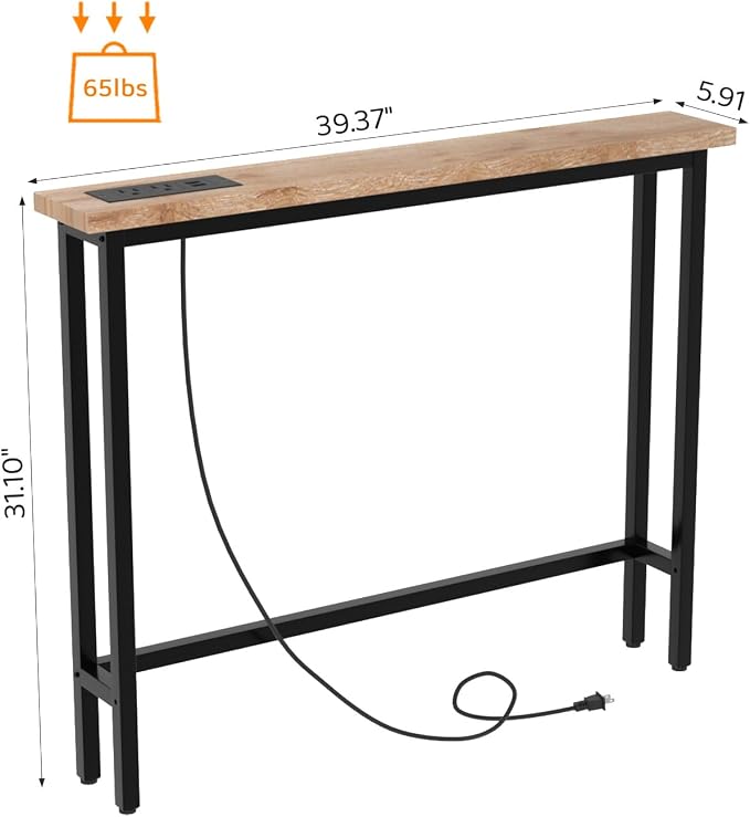 VINGLI 39" Console Table with Charging Station, 5.9" Narrow Sofa Table Behind Couch, Entryway Table with Power Outlet & 4.9 Ft Extension Cord & Adjustable Feet, for Living Room, Hallway, Oak