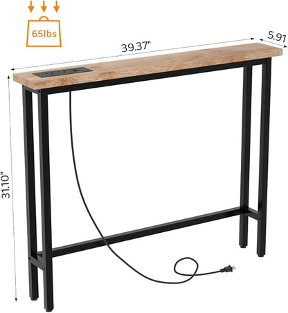 VINGLI 39" Console Table with Charging Station, 5.9" Narrow Sofa Table Behind Couch, Entryway Table with Power Outlet & 4.9 Ft Extension Cord & Adjustable Feet, for Living Room, Hallway, Oak