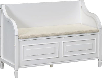 Knocbel Rustic Entry Storage Bench with Hidden Compartments and Removable Cushion, Wooden Entryway Hallway Foyer Shoe Bench Bedroom End of Bed Bench (White and Beige)