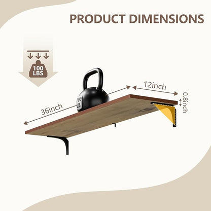 Deep Floating Shelves, 12 Inch Extra Wide Solid Wood Wall Shelves, Heavy Duty Wall Mounted Bookshelf for Living Room, Kitchen and Bedroom, Set of 3 (36 Inch, Brown)