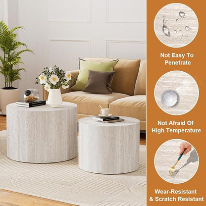 Round Nesting Coffee Table Set of 2 Modern Small Round Travertine Coffee Tables Travertine End Side Table Circle Nested Coffee Tables for Living Room (Travertine B)