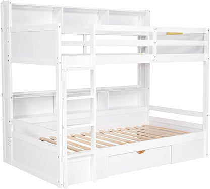 RUNNA Twin Bunk Bed with Storage Drawer, Shelves,Ladder, White | Twin bunk bed with storage drawer, shelves, ladder, guardrails, solid wood, no box spring needed, white, kids teens