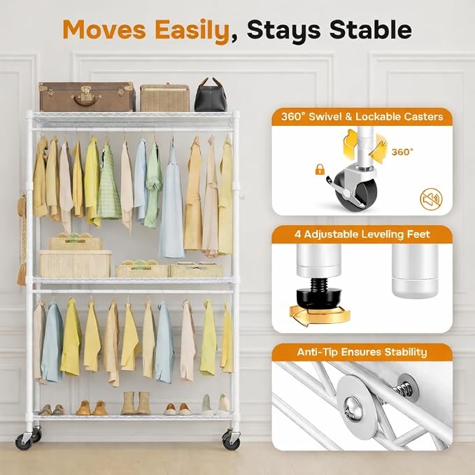 Simple Deluxe Rolling Clothes Rack, Heavy Duty Clothing Rack, 3-Shelf Portable Adjustable Wardrobe Closet with Wheels, Hanging Rods & Side Hooks, 43.3" W x 17.7" D x 80.3" H, White