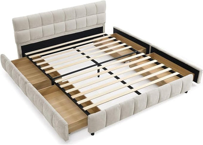 KEIKI Queen Thick Chenille Bed Frame with 4 Storage Drawer & Upholstered Tufted Headboard, Modern Solid Wood Floor Platform for Bedroom, No Box Spring Needed