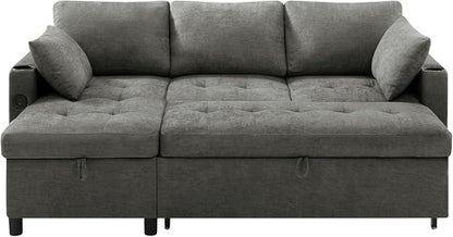 84" L-Shape Reversible Sectional Sofa Bed w/USB Port, Light Grey | Upholstery Sleeper Couch w/Adjustable Backrests & Storage Chaise, Chenille Modern Sofa w/Pull-Out Bed for Living Room