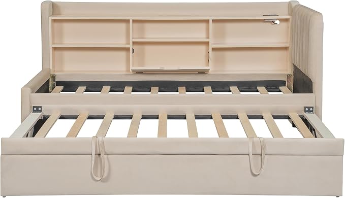 Merax Modern Upholstered Platform Bed Frame with USB Ports & Trundle Bed, Floor Sofa Day Bed with Storage Shelves, No Box Spring Needed/Easy Assemble/Twin, Beige