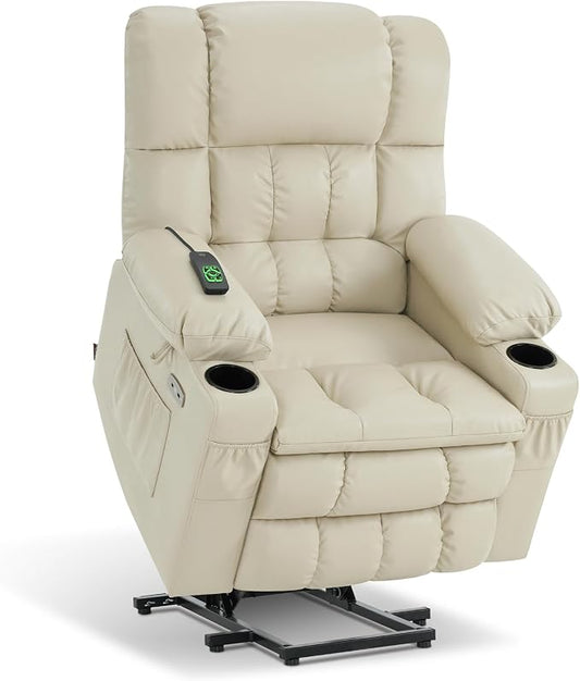 MCombo Dual Motor Power Lift Recliner Chair for Elderly, Lay Flat Lift Chair with Heat and Massage, Cup Holders, USB Ports, Faux Leather 7890 (Cream White, Medium)