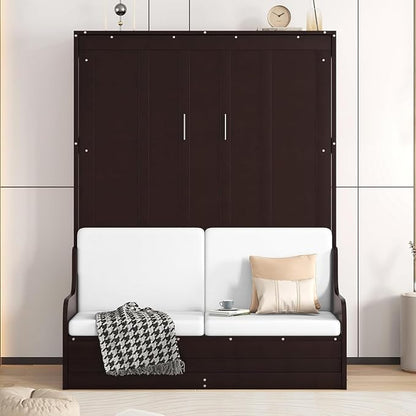 MERITLINE Queen Murphy Bed with Sofa,Wood Folding Murphy Wall Bed Cabinet with Couch (Espresso)