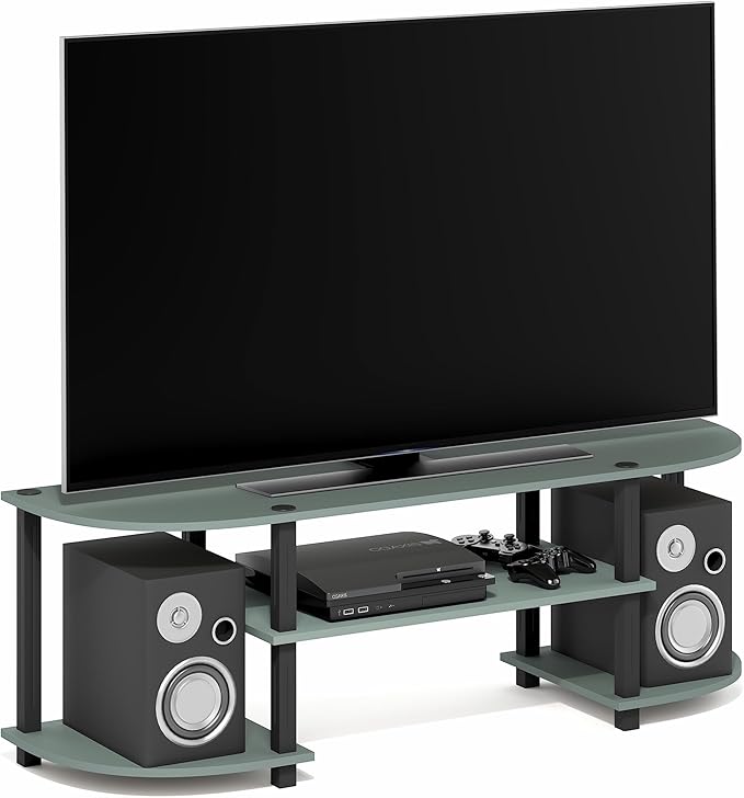 Furinno Turn-S-Tube TV Stand, 3-Tier Entertainment Center for TV up to 55 Inch, TV Console with Round Corner and Open Shelves, for Living Room, Bedroom, Sage Green