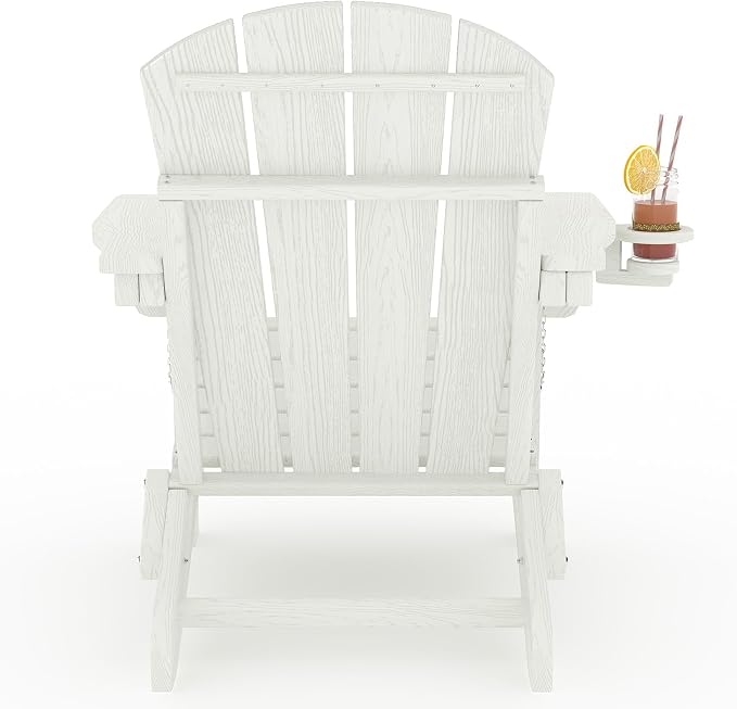 Garvee Folding Adirondack Chair Set of 6, HDPE Outdoor Patio Chair with Cup Holder, All Weather Resistent Wooden Textured for patios, Decks, Gardens, fire Pit, White