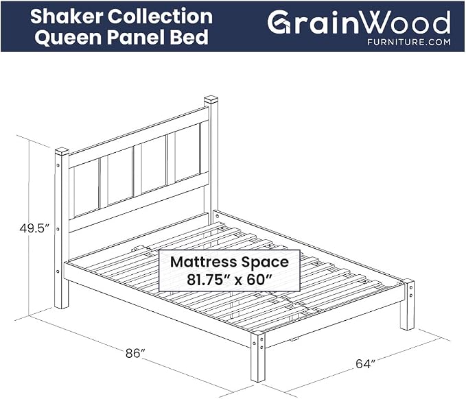 Grain Wood Furniture Shaker Solid Wood Panel Platform Bed, Queen Size, Walnut