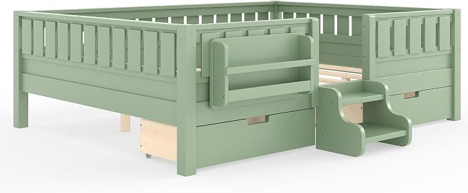 Bellemave Queen Bed with Storage Drawers & Bookshelf, Low Profile Kids Bed Frame with Staircase & Full Length Guardrails, Solid Wood Queen Bed for Kids with Slats Load 550LBS, Easy Assembly, Green