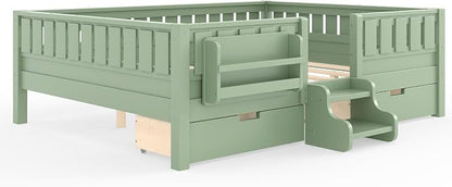 Bellemave Queen Bed with Storage Drawers & Bookshelf, Low Profile Kids Bed Frame with Staircase & Full Length Guardrails, Solid Wood Queen Bed for Kids with Slats Load 550LBS, Easy Assembly, Green