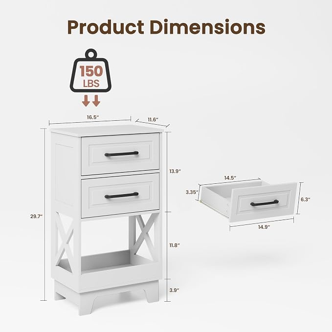 Tall Nightstand Set of 2 Side Table with 2 Drawers Modern Night Stand Wooden End Table Bedside Table with Below Open Shelf Solid Feet for Bedroom White