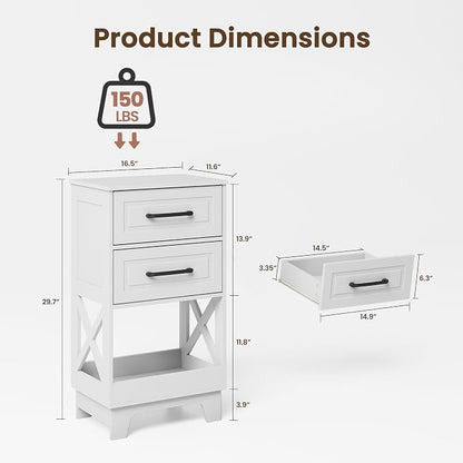 Tall Nightstand Set of 2 Side Table with 2 Drawers Modern Night Stand Wooden End Table Bedside Table with Below Open Shelf Solid Feet for Bedroom White