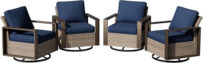 Joyside Outdoor Patio Swivel Rocker Chairs Set, 4 Pieces Wicker Rattan Chairs with Metal Wide Armrest, Thick Cushions and Deep Seating for Garden, Backyard, Porch, Deck