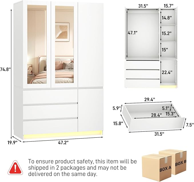 75"H Tall Modern 3 Doors Wooden Armoire Wardrobe Closet with 3 Drawers & 2 Mirror,Clothing Storage Cabinet with Hanging Rod,Bedroom Large Freestanding Armoires with Led Lights for Bedroom,White