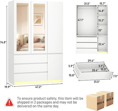 75"H Tall Modern 3 Doors Wooden Armoire Wardrobe Closet with 3 Drawers & 2 Mirror,Clothing Storage Cabinet with Hanging Rod,Bedroom Large Freestanding Armoires with Led Lights for Bedroom,White