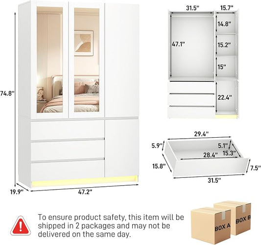 75"H Tall Modern 3 Doors Wooden Armoire Wardrobe Closet with 3 Drawers & 2 Mirror,Clothing Storage Cabinet with Hanging Rod,Bedroom Large Freestanding Armoires with Led Lights for Bedroom,White