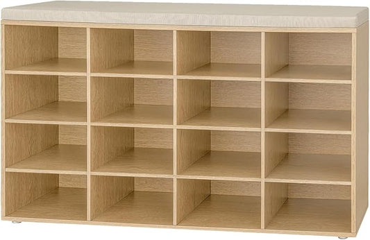 DINZI LVJ Shoe Storage Bench with Cushion, 16-Cubby Shoe Rack, Adjustable Shelves, 40.9" Long Shoe Organizer Bench for Entryway, Mudroom, Hallway, Garage, Natural and Cappuccino Beige