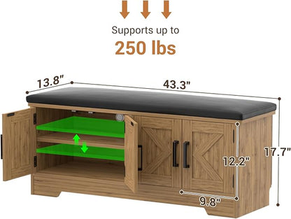 Farmhouse Shoe Storage Bench with Cushion - 43.3" Entryway Bench with Storage & 4 Barn Doors, 2-Tier Wooden Shoe Rack Bench, Shoe Cabinet & Mudroom Bench for Bedroom Hallway Living Room, Brown Oak