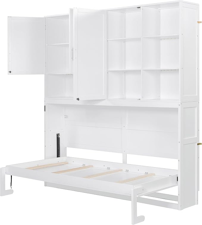 Ball & Cast Murphy Bed Twin Bed Frame with Top Cabinet,Hideaway Bedframe w/Shelves and Dual-Piston Metal Folding Mechanism,Space Saving Foldable Bed w/Light & USB,for Small Room,White