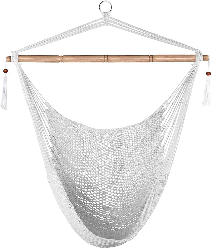 Lazy Daze Hammocks Hanging Swing Chair Caribbean Rope Weaving Chair with 40" Hardwood Spreader Bar and Soft-Spun Cotton Rope, Hammock Chair for Indoor, Outdoor, Backyard, Max 300 LBS, White
