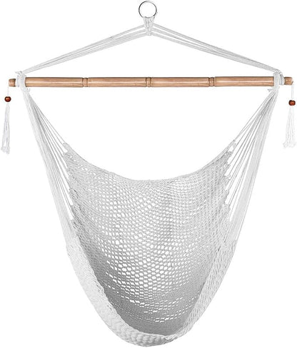 Lazy Daze Hammocks Hanging Swing Chair Caribbean Rope Weaving Chair with 40" Hardwood Spreader Bar and Soft-Spun Cotton Rope, Hammock Chair for Indoor, Outdoor, Backyard, Max 300 LBS, White