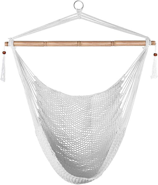 Lazy Daze Hammocks Hanging Swing Chair Caribbean Rope Weaving Chair with 40" Hardwood Spreader Bar and Soft-Spun Cotton Rope, Hammock Chair for Indoor, Outdoor, Backyard, Max 300 LBS, White