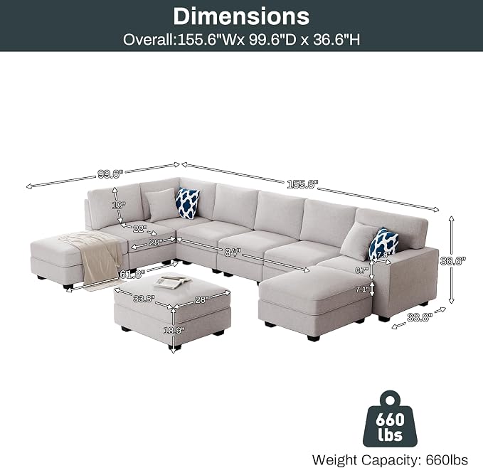 Legend Vansen Oversized Modular Sectional Sofa,U/L‑Shaped Reversible Couch with Ottoman,Deep Seat Plush Polyester Sofa for Living Room,9‑Seater,Light Grey