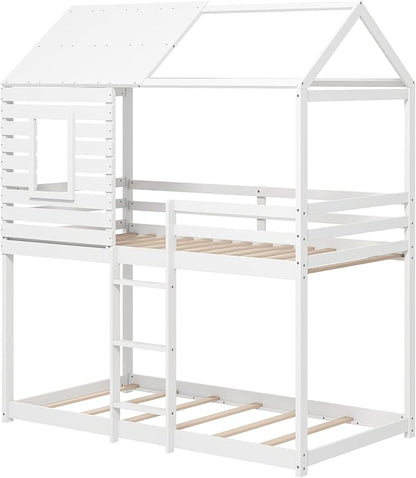 Giantex Wood Bunk Bed Twin Over Twin, House Bed Frame with Ladder and Guardrail, Floor Bunk Bed with Wood Slats for Kids, Girls, Boys, Dormitory and Bedroom, No Box Spring Needed, White