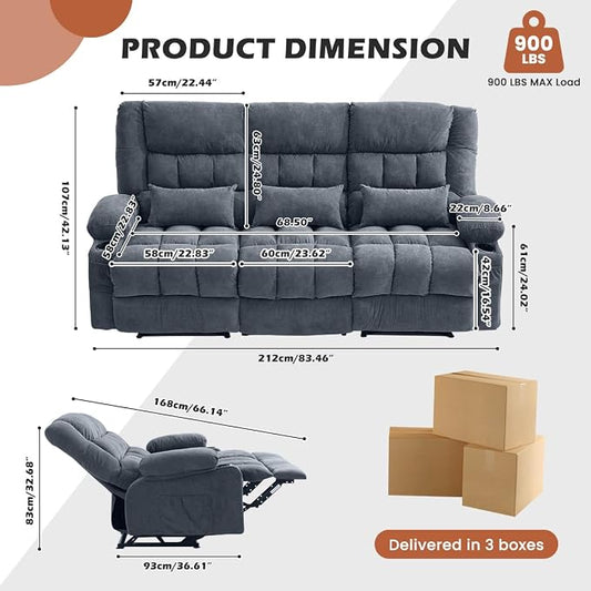 MAHOMICO Recliner Sofa with Cup Holders for Living Room 3 Seat Manual Oversized Recliner Chiar with Ergonomic, Side Pocket for Adult