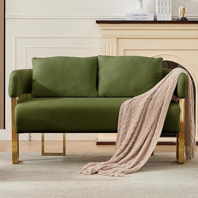 YISHENG Loveseat Sofa Modern Accent Chairs for Living Room with Golden Metal Legs Soft Teddy Upholstered Reading Armchairs no Wheels for Reception Room//Bedroom/Lounge/Office, Green