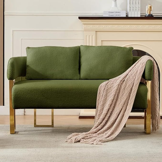 YISHENG Loveseat Sofa Modern Accent Chairs for Living Room with Golden Metal Legs Soft Teddy Upholstered Reading Armchairs no Wheels for Reception Room//Bedroom/Lounge/Office, Green