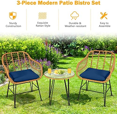 Tangkula 3 Pieces Patio Bistro Set, Rattan Conversation Set with 2 Cushioned Armchairs & Round Glass Coffee Table, Indoor Outdoor Wicker Furniture Set for Balcony, Backyard, Garden, Poolside