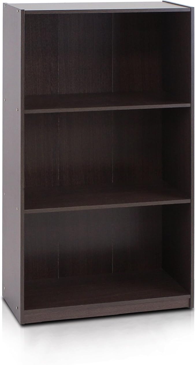 Furinno BASIC Book Shelf, 3-Tier Modern Bookshelf, Bookcase with Open Shelves, 9.3" x 21.8" x 39.5", for Living Room, Bedroom, Home Office, Dark Brown