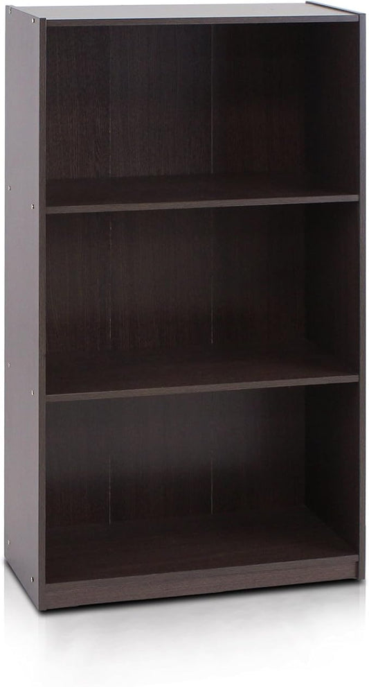 Furinno BASIC Book Shelf, 3-Tier Modern Bookshelf, Bookcase with Open Shelves, 9.3" x 21.8" x 39.5", for Living Room, Bedroom, Home Office, Dark Brown