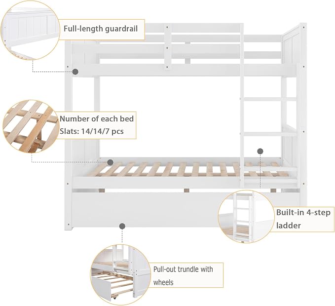 Merax Trundle Bunk Bed, Full Over Full Wood Bunk Bed with Twin Size Trundle, Guardrail and Ladder, Can be Separated into 2 Beds, White