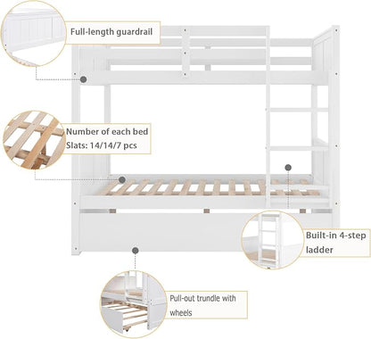 Merax Trundle Bunk Bed, Full Over Full Wood Bunk Bed with Twin Size Trundle, Guardrail and Ladder, Can be Separated into 2 Beds, White