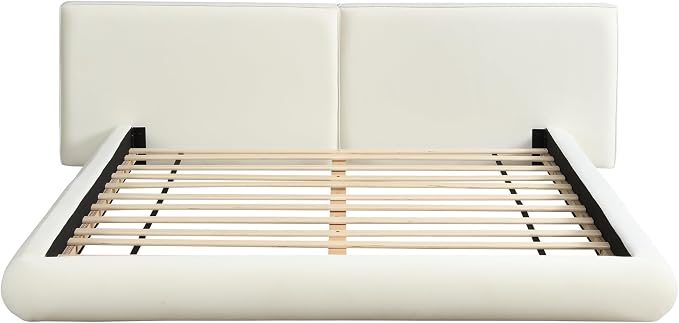 Merax Queen Size Low Profile Floor-Hugging Platform Bed, Platform Bed Frame with 27.45'' Headboard, 800lb WeightCapacity, Upholstered Modern Bed in Fabric, Cream