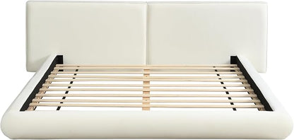 Merax Queen Size Low Profile Floor-Hugging Platform Bed, Platform Bed Frame with 27.45'' Headboard, 800lb WeightCapacity, Upholstered Modern Bed in Fabric, Cream