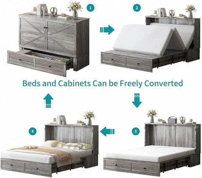 BALUS 57" Width Murphy Bed with Mattress, Full Size Cabinet Bed Frame with USB Charging Station & Large Storage Drawer, Full Murphy Bed, Cabinet Beds for Bedroom/Guest, Dark Grey