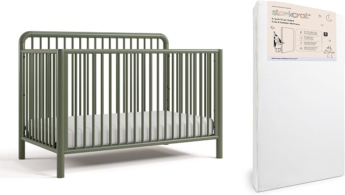 Storkcraft Porto 5-in-1 Convertible Crib with Toddler Guardrail & Storkcraft 6-Inch Grow-with Me Premium Waterproof Dual-Sided Baby Crib & Toddler Bed Mattress (Olive) – GREENGUARD Gold Certified