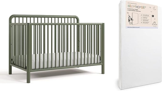 Storkcraft Porto 5-in-1 Convertible Crib with Toddler Guardrail & Storkcraft 6-Inch Grow-with Me Premium Waterproof Dual-Sided Baby Crib & Toddler Bed Mattress (Olive) – GREENGUARD Gold Certified