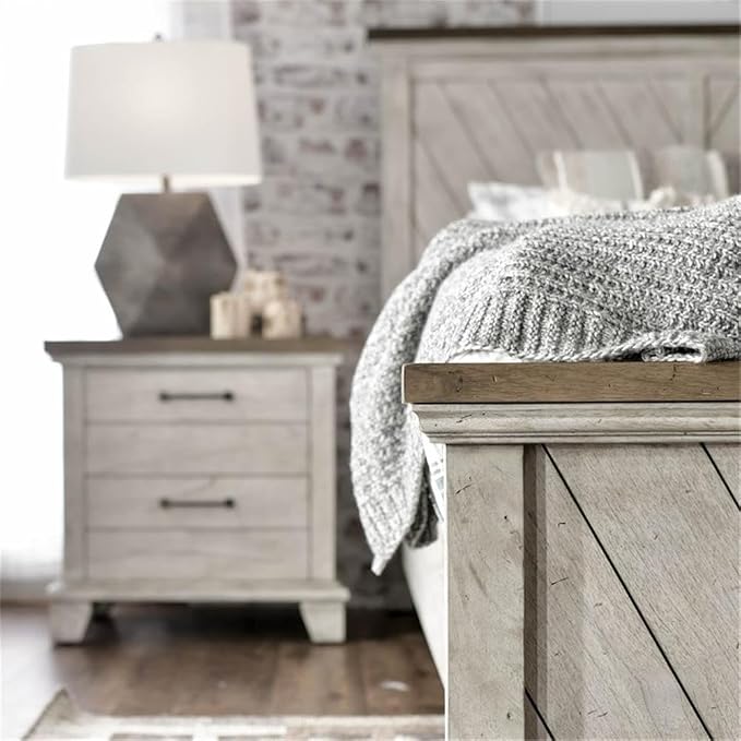 Pemberly Row Contemporary 4-Piece King Bedroom Set, Engineered Wood with Mindi Veneers, Gray Finish, Chevron Pattern, Includes Bed, Dresser, Mirror, Nightstand, Rustic Farmhouse Style