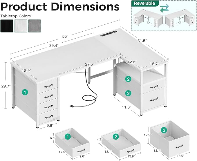 Coleshome L Shaped Computer Desk with 6 Fabric Drawers & Power Outlet, 55 Inch Corner Desk with Reversible Storage Shelf & File Drawer, Home Office Desk, White